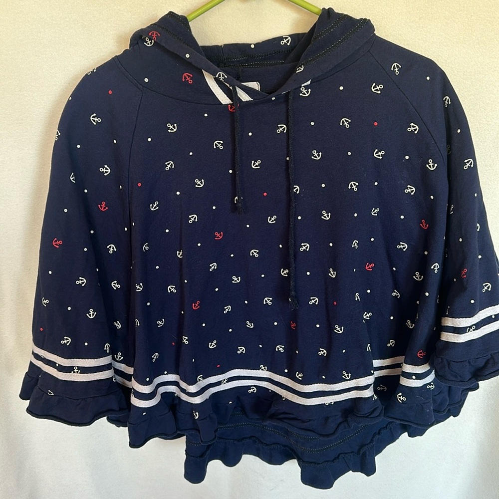 Yue Ran Summer Style Poncho w/ Hood Blue & White decorated with anchors Size S